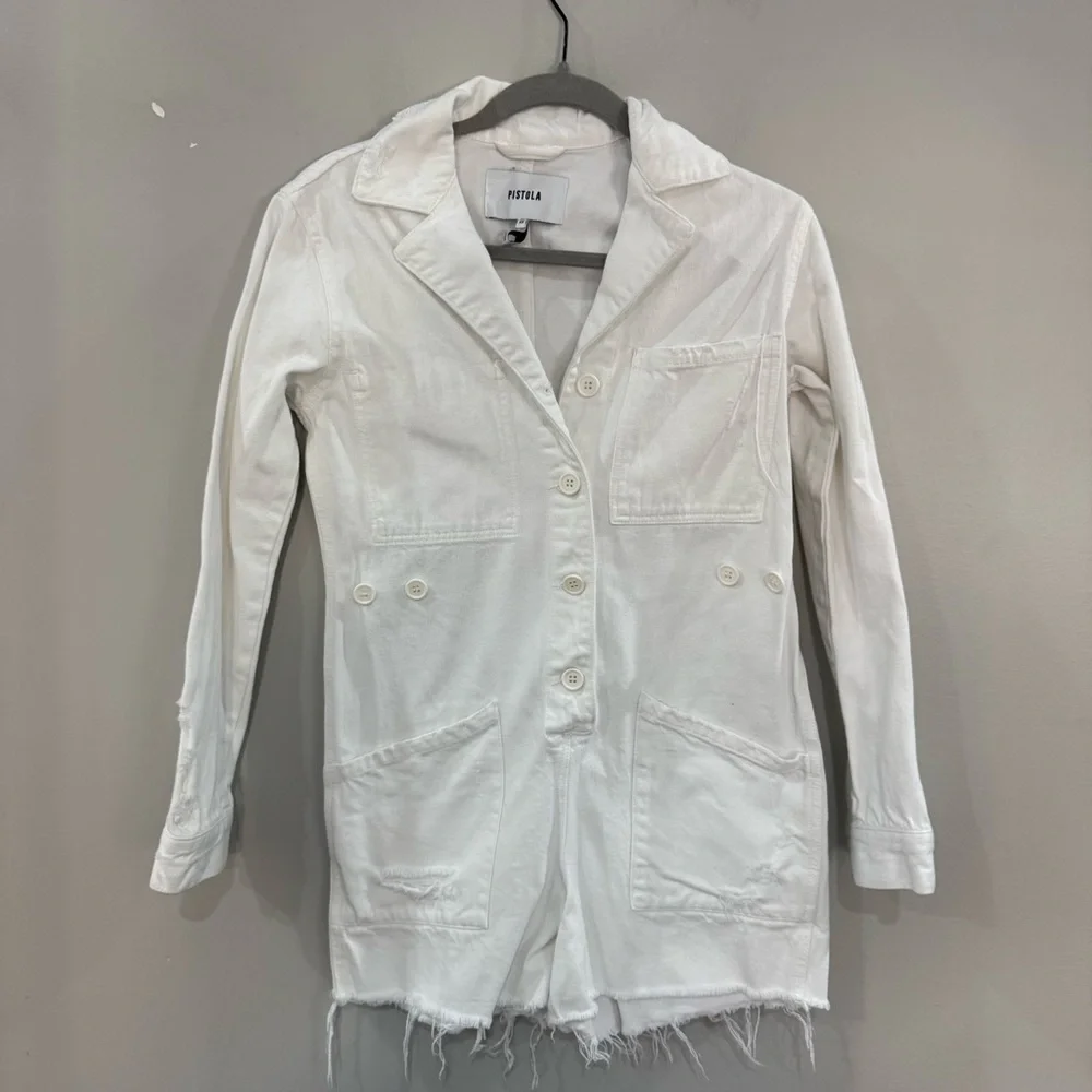 Pistola Romper Freda Button Down Long Sleeve in White Denim